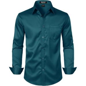 JEMITOP Men’s Stretch Slim Fit Dress Shirts Formal Wedding Prom Business Long Sleeve Button Down Shirt with Pocket(Teal)