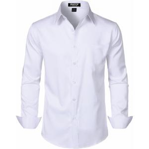 JEMITOP Men’s Stretch Slim Fit Dress Shirts Formal Wedding Prom Business Long Sleeve Button Down Shirt with Pocket(White)