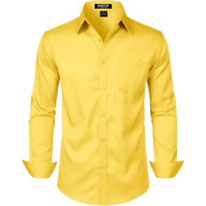 JEMITOP Men’s Stretch Slim Fit Dress Shirts Formal Wedding Prom Business Long Sleeve Button Down Shirt with Pocket(Yellow)