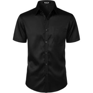 JEMITOP Men’s Stretch Slim Fit Dress Shirts Formal Wedding Prom Short Sleeve Button Down Shirt with Pocket(Black)