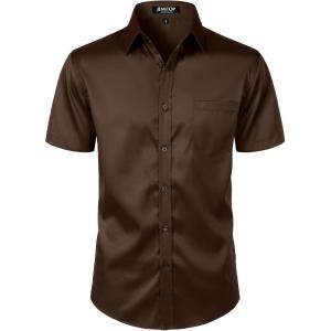 JEMITOP Men’s Stretch Slim Fit Dress Shirts Formal Wedding Prom Short Sleeve Button Down Shirt with Pocket(Brown)
