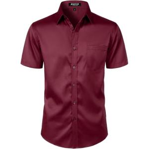 JEMITOP Men’s Stretch Slim Fit Dress Shirts Formal Wedding Prom Short Sleeve Button Down Shirt with Pocket(Burgundy)