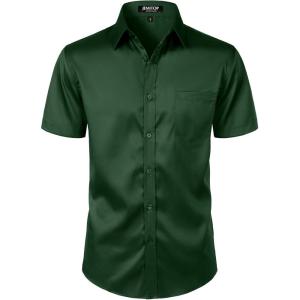 JEMITOP Men’s Stretch Slim Fit Dress Shirts Formal Wedding Prom Short Sleeve Button Down Shirt with Pocket(Dark Green)