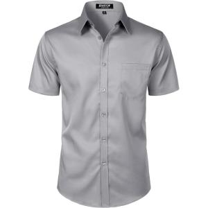 JEMITOP Men’s Stretch Slim Fit Dress Shirts Formal Wedding Prom Short Sleeve Button Down Shirt with Pocket(Grey)