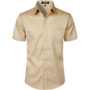 JEMITOP Men’s Stretch Slim Fit Dress Shirts Formal Wedding Prom Short Sleeve Button Down Shirt with Pocket(Khaki)