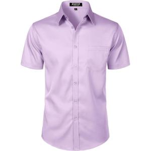 JEMITOP Men’s Stretch Slim Fit Dress Shirts Formal Wedding Prom Short Sleeve Button Down Shirt with Pocket(Lavender Purple)