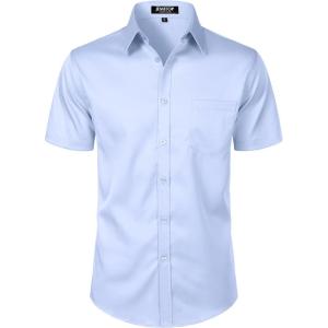 JEMITOP Men’s Stretch Slim Fit Dress Shirts Formal Wedding Prom Short Sleeve Button Down Shirt with Pocket(Light Blue)