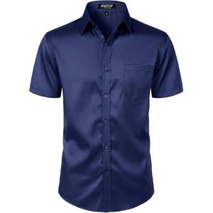 JEMITOP Men’s Stretch Slim Fit Dress Shirts Formal Wedding Prom Short Sleeve Button Down Shirt with Pocket(Navy Blue)
