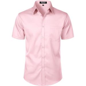 JEMITOP Men’s Stretch Slim Fit Dress Shirts Formal Wedding Prom Short Sleeve Button Down Shirt with Pocket(Pink)