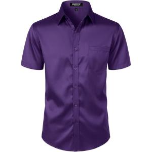 JEMITOP Men’s Stretch Slim Fit Dress Shirts Formal Wedding Prom Short Sleeve Button Down Shirt with Pocket(Purple)