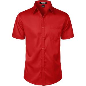 JEMITOP Men’s Stretch Slim Fit Dress Shirts Formal Wedding Prom Short Sleeve Button Down Shirt with Pocket(Red)
