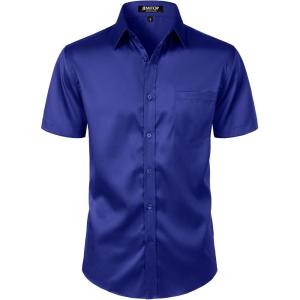 JEMITOP Men’s Stretch Slim Fit Dress Shirts Formal Wedding Prom Short Sleeve Button Down Shirt with Pocket(Royal Blue)
