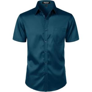 JEMITOP Men’s Stretch Slim Fit Dress Shirts Formal Wedding Prom Short Sleeve Button Down Shirt with Pocket(Teal)