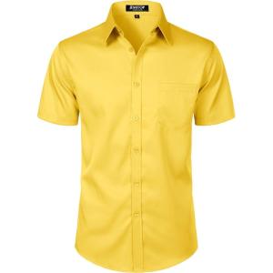 JEMITOP Men’s Stretch Slim Fit Dress Shirts Formal Wedding Prom Short Sleeve Button Down Shirt with Pocket(Yellow)