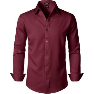 JEMITOP Men’s Stretch Soft Slim Fit Dress Shirts Long Sleeve Formal Wedding Business Casual Button Down Shirt(Burgundy)