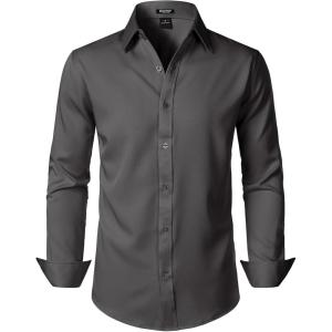 JEMITOP Men’s Stretch Soft Slim Fit Dress Shirts Long Sleeve Formal Wedding Business Casual Button Down Shirt(Dark Grey)