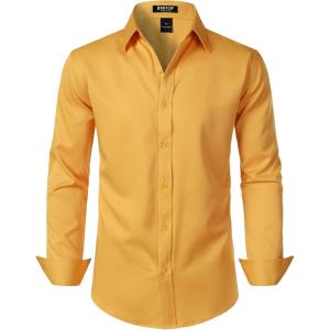 JEMITOP Men’s Stretch Soft Slim Fit Dress Shirts Long Sleeve Formal Wedding Business Casual Button Down Shirt(Gold)