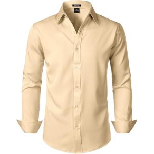 JEMITOP Men’s Stretch Soft Slim Fit Dress Shirts Long Sleeve Formal Wedding Business Casual Button Down Shirt(Khaki)