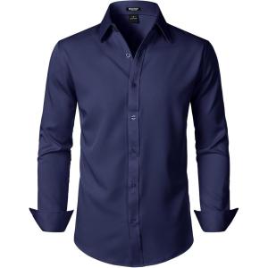 JEMITOP Men’s Stretch Soft Slim Fit Dress Shirts Long Sleeve Formal Wedding Business Casual Button Down Shirt(Navy Blue)