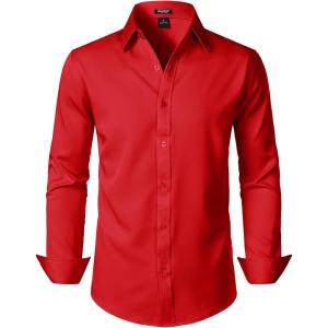 JEMITOP Men’s Stretch Soft Slim Fit Dress Shirts Long Sleeve Formal Wedding Business Casual Button Down Shirt(Red)