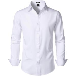 JEMITOP Men’s Stretch Soft Slim Fit Dress Shirts Long Sleeve Formal Wedding Business Casual Button Down Shirt(White)