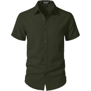JEMITOP Men’s Stretch Textured Short Sleeve Button Down Shirts Summer Casual Beach Wedding Vacation Shirt(Army Green)