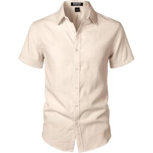 JEMITOP Men’s Stretch Textured Short Sleeve Button Down Shirts Summer Casual Beach Wedding Vacation Shirt(Beige)