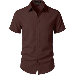 JEMITOP Men’s Stretch Textured Short Sleeve Button Down Shirts Summer Casual Beach Wedding Vacation Shirt(Brown)
