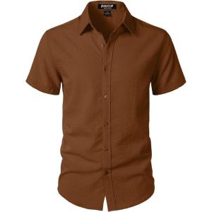 JEMITOP Men’s Stretch Textured Short Sleeve Button Down Shirts Summer Casual Beach Wedding Vacation Shirt(Burnt Brown)