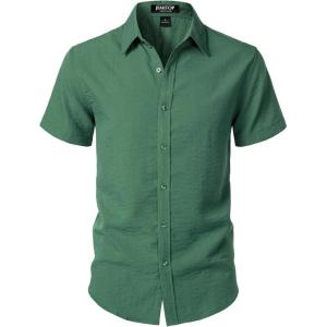 JEMITOP Men’s Stretch Textured Short Sleeve Button Down Shirts Summer Casual Beach Wedding Vacation Shirt(Dark Green)