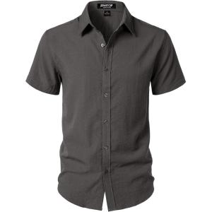 JEMITOP Men’s Stretch Textured Short Sleeve Button Down Shirts Summer Casual Beach Wedding Vacation Shirt(Dark Grey)