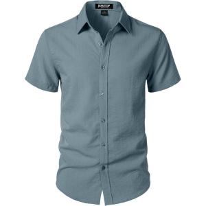 JEMITOP Men’s Stretch Textured Short Sleeve Button Down Shirts Summer Casual Beach Wedding Vacation Shirt(Grey Blue)