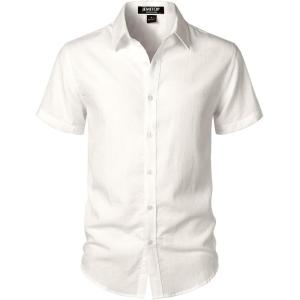 JEMITOP Men’s Stretch Textured Short Sleeve Button Down Shirts Summer Casual Beach Wedding Vacation Shirt(Ivory White)