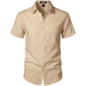 JEMITOP Men’s Stretch Textured Short Sleeve Button Down Shirts Summer Casual Beach Wedding Vacation Shirt(Khaki)
