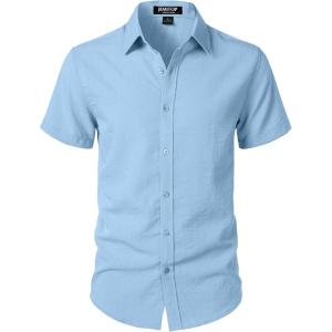 JEMITOP Men’s Stretch Textured Short Sleeve Button Down Shirts Summer Casual Beach Wedding Vacation Shirt(Light Blue)