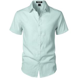 JEMITOP Men’s Stretch Textured Short Sleeve Button Down Shirts Summer Casual Beach Wedding Vacation Shirt(Light Green)