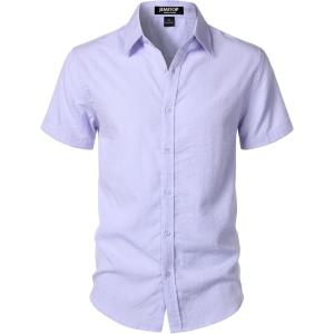 JEMITOP Men’s Stretch Textured Short Sleeve Button Down Shirts Summer Casual Beach Wedding Vacation Shirt(Light Purple)