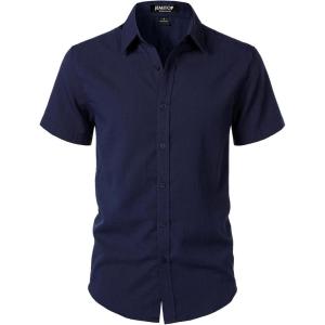 JEMITOP Men’s Stretch Textured Short Sleeve Button Down Shirts Summer Casual Beach Wedding Vacation Shirt(Navy Blue)