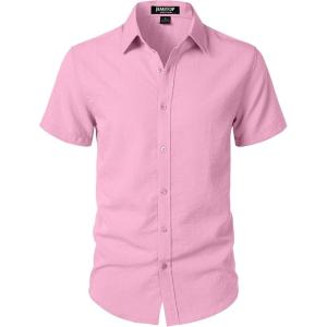 JEMITOP Men’s Stretch Textured Short Sleeve Button Down Shirts Summer Casual Beach Wedding Vacation Shirt(Pink)