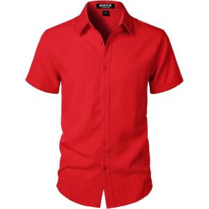 JEMITOP Men’s Stretch Textured Short Sleeve Button Down Shirts Summer Casual Beach Wedding Vacation Shirt(Red)