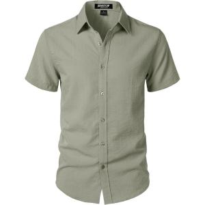 JEMITOP Men’s Stretch Textured Short Sleeve Button Down Shirts Summer Casual Beach Wedding Vacation Shirt(Sage Green)