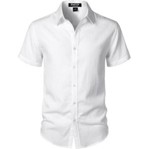 JEMITOP Men’s Stretch Textured Short Sleeve Button Down Shirts Summer Casual Beach Wedding Vacation Shirt(White)