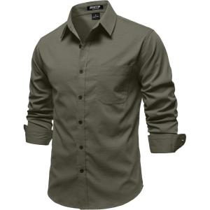 JEMITOP Mens Stretch Vintage Aged Style Shirts Casual Soft Long Sleeve Button Down Shirt with Pocket(Army Green)