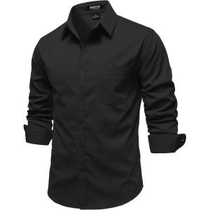 JEMITOP Mens Stretch Vintage Aged Style Shirts Casual Soft Long Sleeve Button Down Shirt with Pocket(Black)