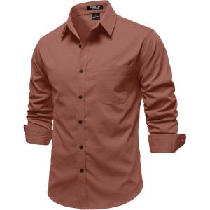 JEMITOP Mens Stretch Vintage Aged Style Shirts Casual Soft Long Sleeve Button Down Shirt with Pocket(Burnt Orange)