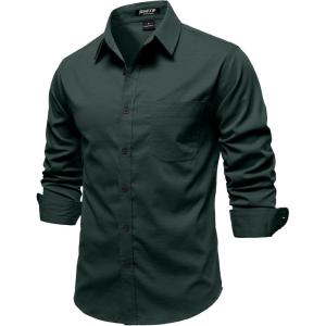 JEMITOP Mens Stretch Vintage Aged Style Shirts Casual Soft Long Sleeve Button Down Shirt with Pocket(Dark Green)