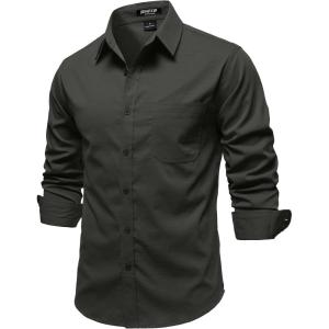 JEMITOP Mens Stretch Vintage Aged Style Shirts Casual Soft Long Sleeve Button Down Shirt with Pocket(Dark Grey)
