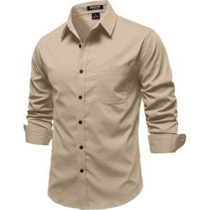 JEMITOP Mens Stretch Vintage Aged Style Shirts Casual Soft Long Sleeve Button Down Shirt with Pocket(Khaki)