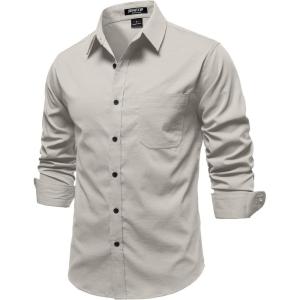 JEMITOP Mens Stretch Vintage Aged Style Shirts Casual Soft Long Sleeve Button Down Shirt with Pocket(Tan)