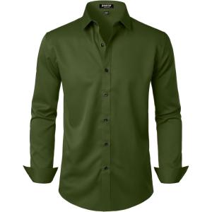 JEMITOP Men’s Stretch Wrinkle Free Dress Shirt Formal Prom Wedding Long Sleeve Button Down Shirts(Army Green)